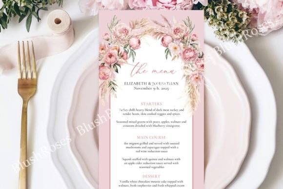 Download Blush Pink Peonies Pampas Boho Arch Menu - Ink Collection